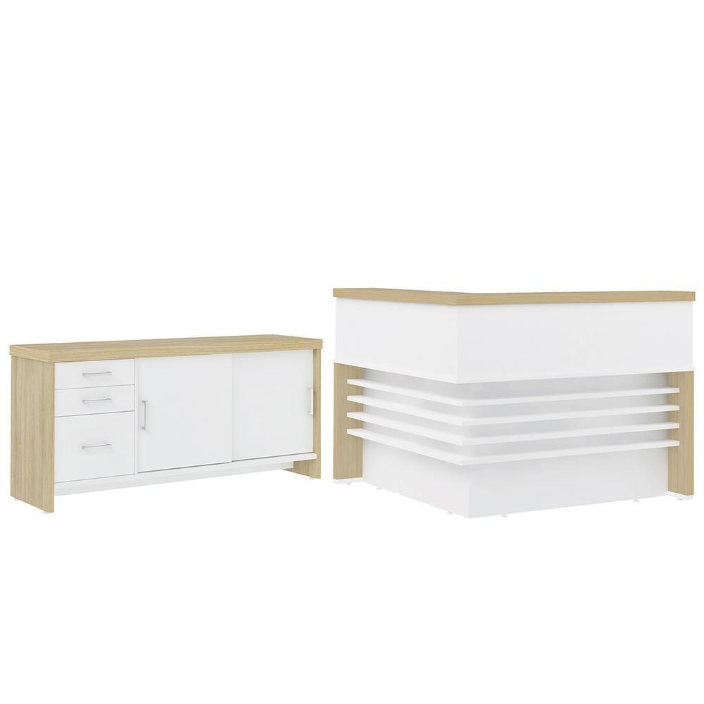 Conjunto Balcão Recepção Em L E Balcão 2 Portas 3 Gavetas Corp A06 Olmo/branco - Mpozenato - 2