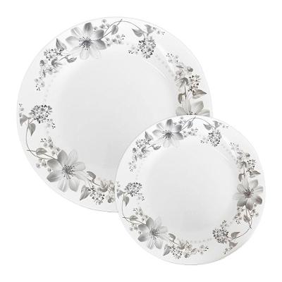 Jogo 4 Prato Raso E 4 Sobremesa Vidro Branco Flores Cinza Flowers Grey Em Casa Tem