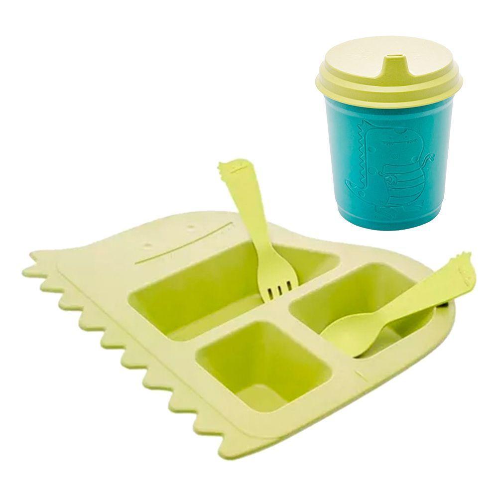 Jogo Prato Infantil Divisórias Com Copo E Talheres Dino Baby Fibra De Bambu Pp Lyor - 1