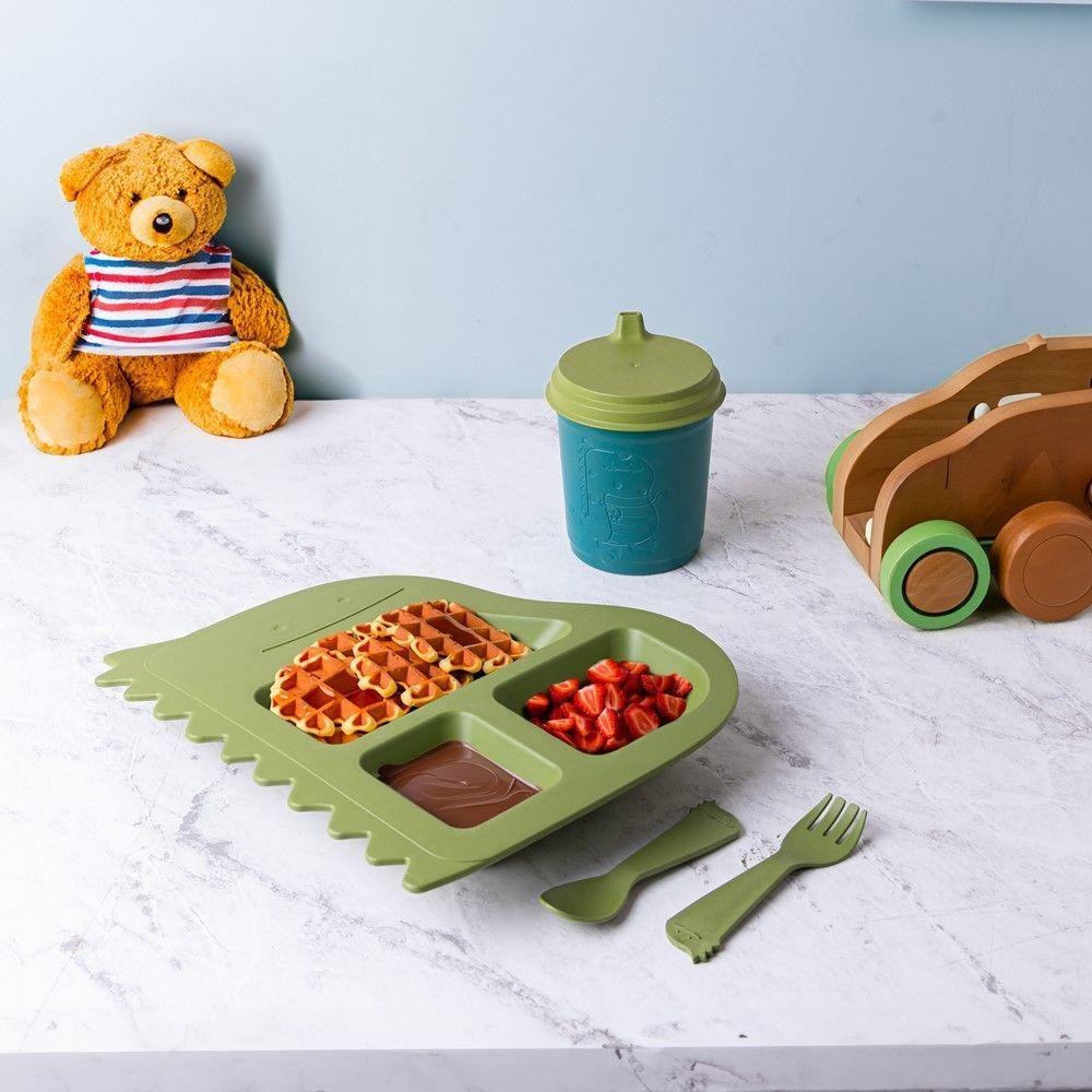 Jogo Prato Infantil Divisórias Com Copo E Talheres Dino Baby Fibra De Bambu Pp Lyor - 8
