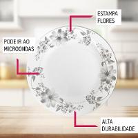 Jogo 4 Prato Raso De Vidro Branco Flores Cinza Flowers Grey 26cm Em Casa Tem