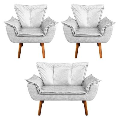 Namoradeira E 2 Poltronas Pé Palito Castanho Opala Corano D03 - D\'rossi Branco