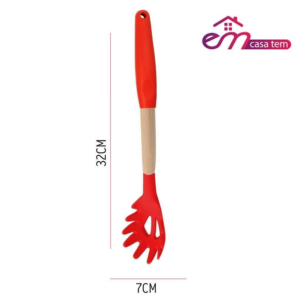 Pegador De Macarrão Massas Silicone E Madeira Grande 32cm Vermelho Em Casa Tem - 3