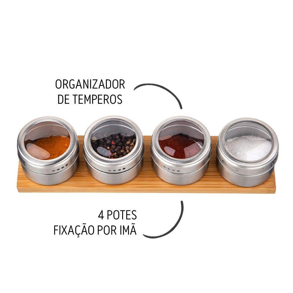 Kit 4 Porta Condimentos Em Inox Com Imã E Suporte De Bambu Em Casa Tem - 2