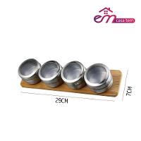 Kit 4 Porta Condimentos Em Inox Com Imã E Suporte De Bambu Em Casa Tem