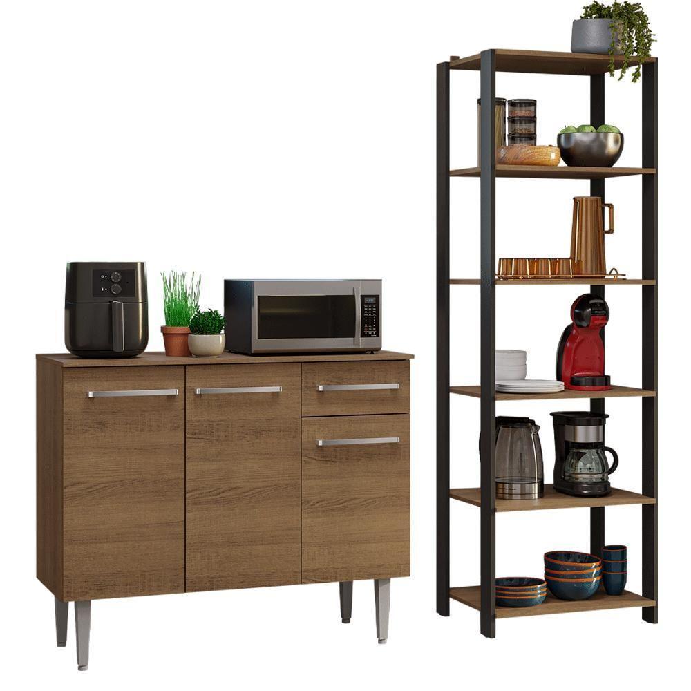 Kit Cozinha Balcão Gabinete 3 Portas 1 Gaveta E Armário Cozinha Despensa 5 Prateleiras Rustic/preto - 2