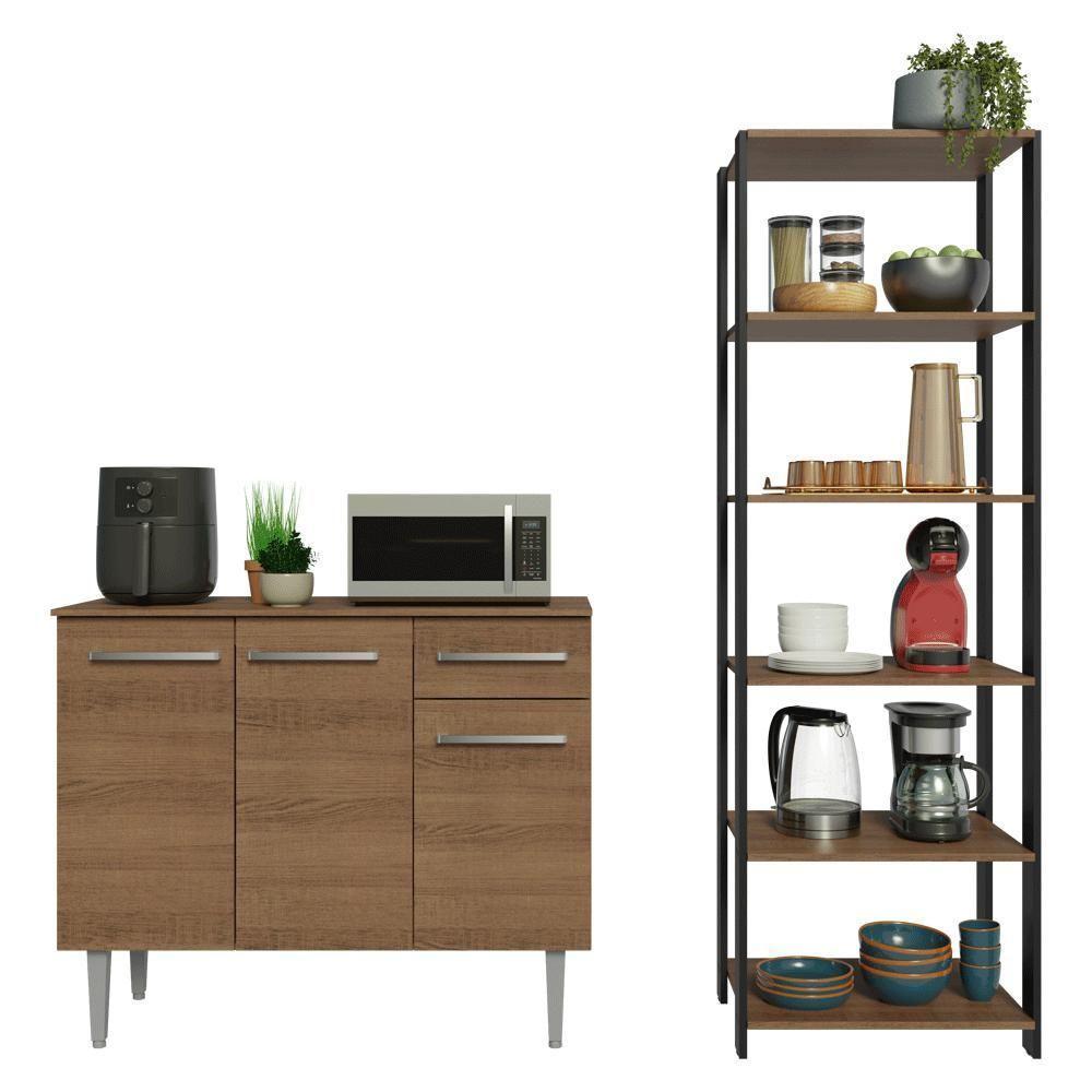 Kit Cozinha Balcão Gabinete 3 Portas 1 Gaveta E Armário Cozinha Despensa 5 Prateleiras Rustic/preto - 5