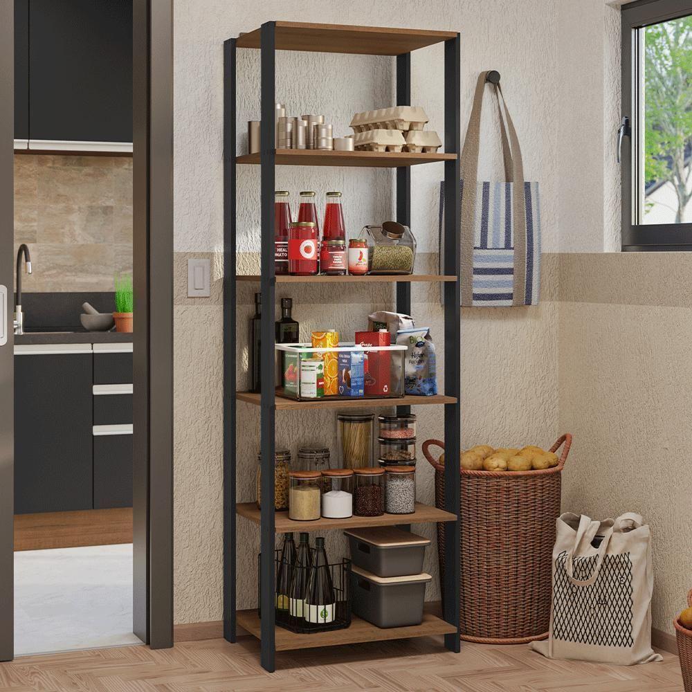 Armário Estante Multiuso Organizador Despensa 5 Prateleiras 59cm Rustic/preto Madesa - 1
