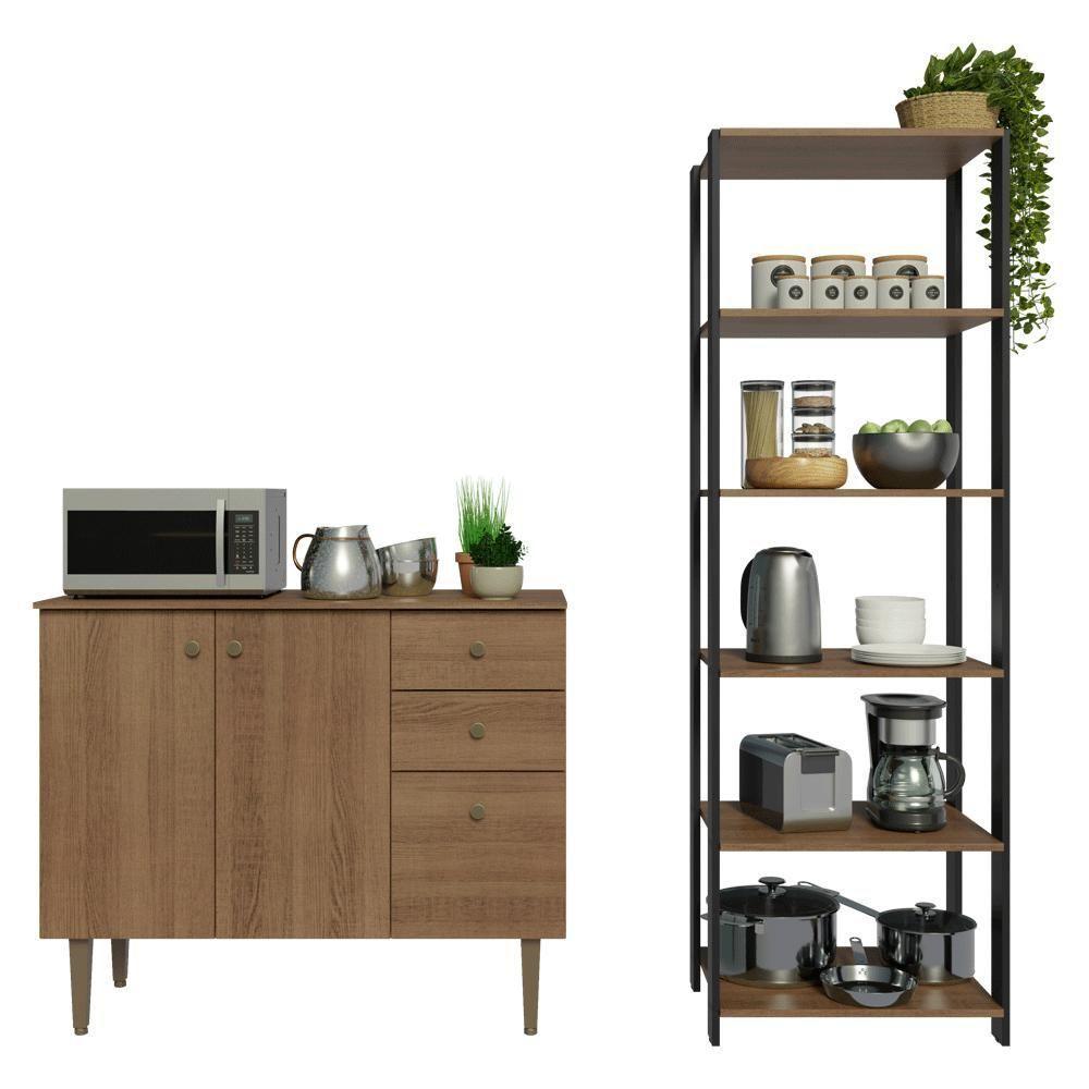 Kit Cozinha Balcão Gabinete 3 Portas 2 Gavetas E Armário Cozinha Despensa 5 Prateleiras Rustic/preto - 5