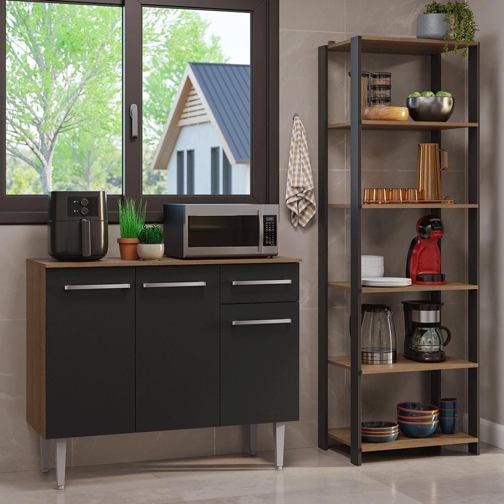 Kit Cozinha Balcão Gabinete 3 Portas 1 Gaveta E Armário Cozinha Despensa 5 Prateleiras Preto/rustic - 1