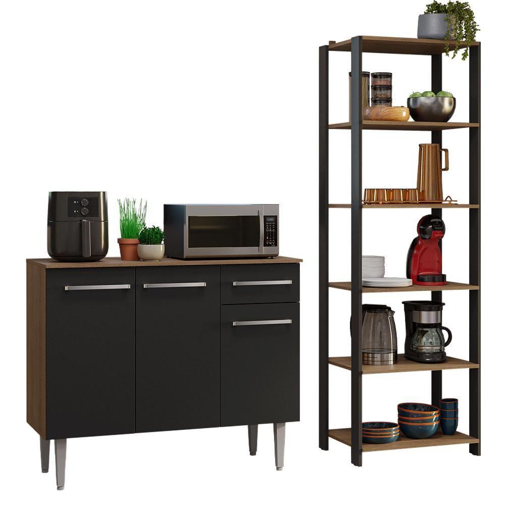 Kit Cozinha Balcão Gabinete 3 Portas 1 Gaveta E Armário Cozinha Despensa 5 Prateleiras Preto/rustic - 2