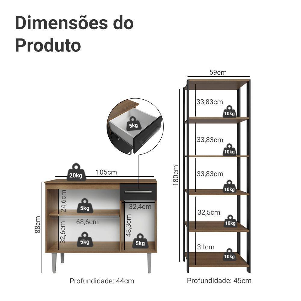 Kit Cozinha Balcão Gabinete 3 Portas 1 Gaveta E Armário Cozinha Despensa 5 Prateleiras Preto/rustic - 3