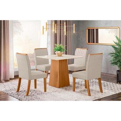 Conjunto Mesa De Cozinha Dora Tampo Madeirado 90x90cm E 4 Cadeiras Tauá Nature Linho Henn