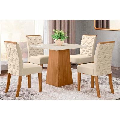 Conjunto Mesa De Cozinha Dora Tampo Madeirado 90x90cm E 4 Cadeiras Vita Nature Linho Henn