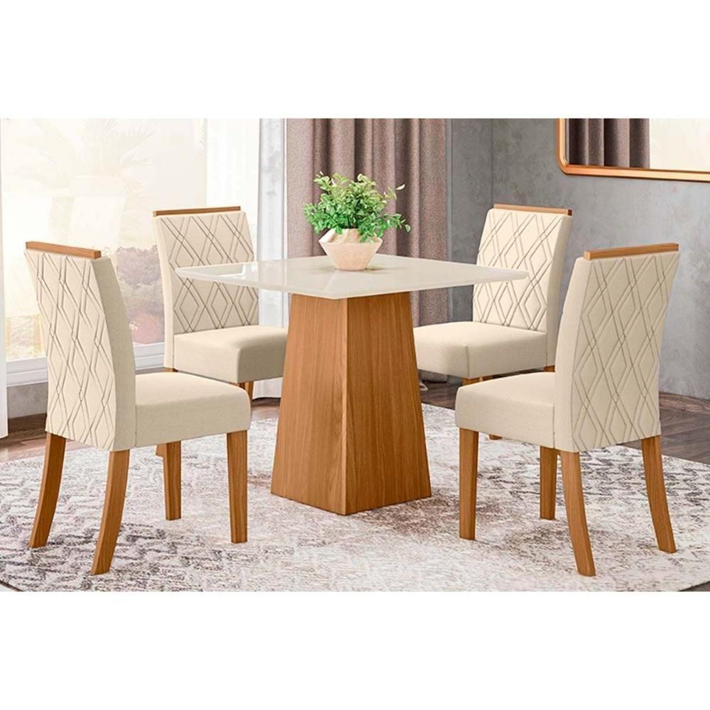 Conjunto Mesa Sala Jantar Dora Tampo Madeirado 90x90cm E 4 Cadeiras Vita Nature Linho Henn - 1