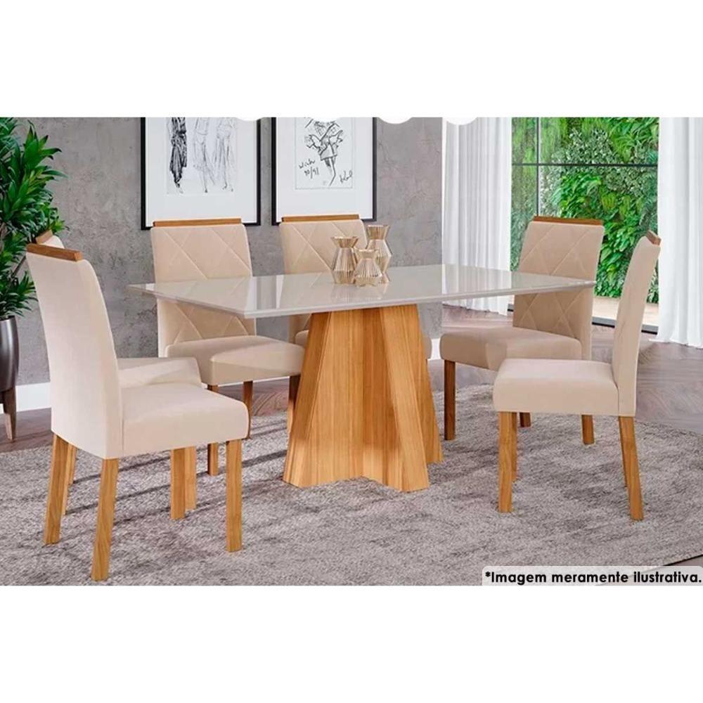 Sala De Jantar Completa Patricia C- Tampo Madeirado C- Vidro Canto Reto 160x80cm E 6 Cadeiras Fernanda Nature-madeirado-suede Nude Bege - Cimol - 1