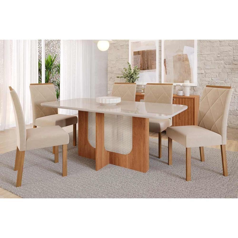 Sala De Jantar Completa Louise Tampo Madeirado C- Vidro 180x90cm E 6 Cadeiras Fernanda Cinamomo-off White - Nature-madeirado-suede Nu - Cimol - 1