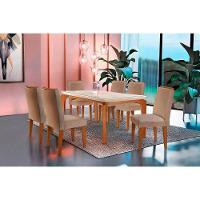 Conjunto Mesa Sala Jantar Londrina Tampo Madeirado Com Vidro 180cm + 6 Cadeiras Lunara Imbuia Linho Rústico Rufato - 1
