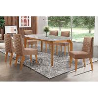 Conjunto Mesa De Cozinha Londrina Tampo Madeirado Com Vidro 180x90cm E 6 Cadeiras Dafne Imbuia Suede Capuccino Rufato - 1