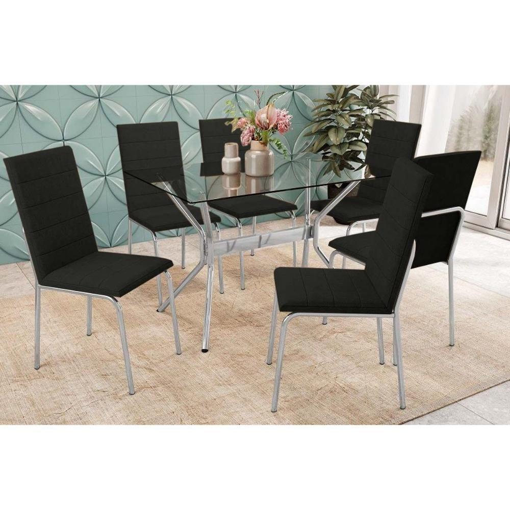 Conjunto Mesa Sala Jantar Loire Com Tampo De Vidro 120x80cm E 6 Cadeiras Amsterdã Cromada Preto Kappesberg - 1