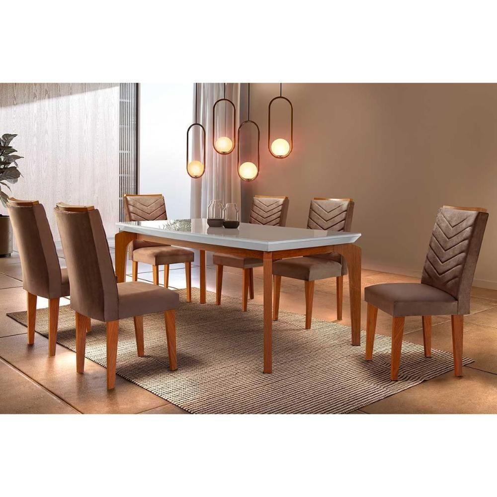 Sala De Jantar Completa Londrina Tampo Madeirado C- Vidro Reto 180x90 E 6 Cadeiras Londrina Imbuia - Veludo Capuccino - Rufato - 1