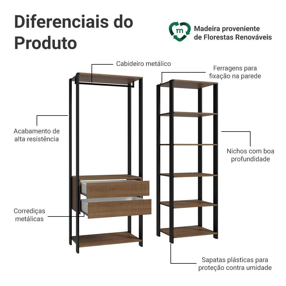 Guarda-roupa Closet Modulado Valencia 2 Gavetas 129cm Rustic/Preto Madesa Xa - 9