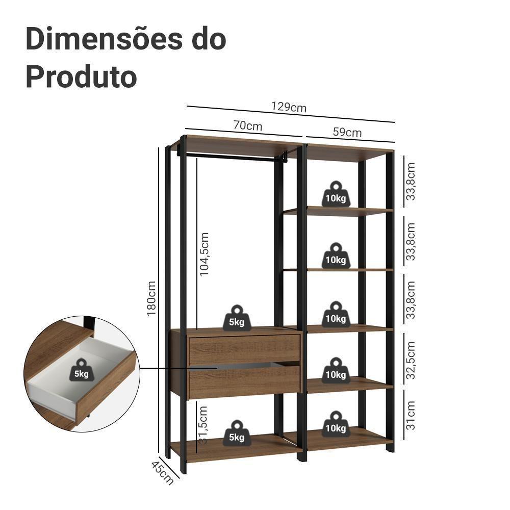 Guarda-roupa Closet Modulado Valencia 2 Gavetas 129cm Rustic/Preto Madesa Xa - 10