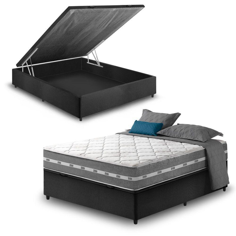 Cama Box Com Baú Viúva Preto + Colchão Molas Ensacadas Miami Cinza Com Preto - 1