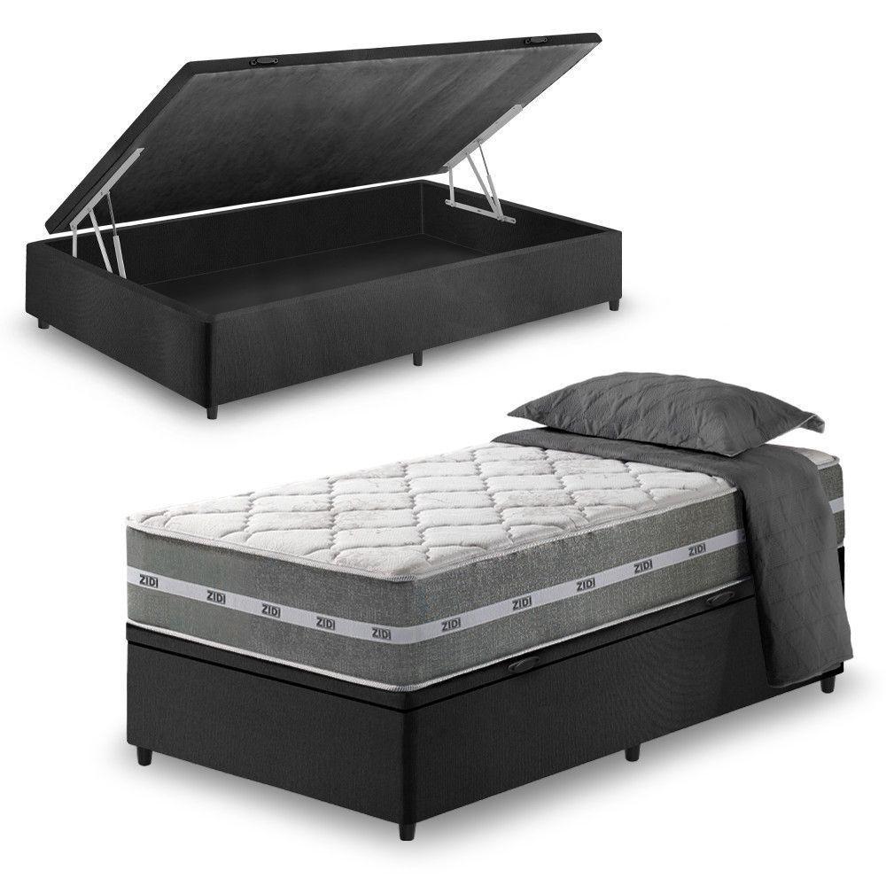 Cama Box Baú Solteiro King + Colchão Molas Ensacadas Miami Cinza Com Preto - 1