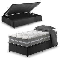 Cama Box Baú Solteiro King + Colchão Molas Ensacadas Miami Cinza Com Preto - 1