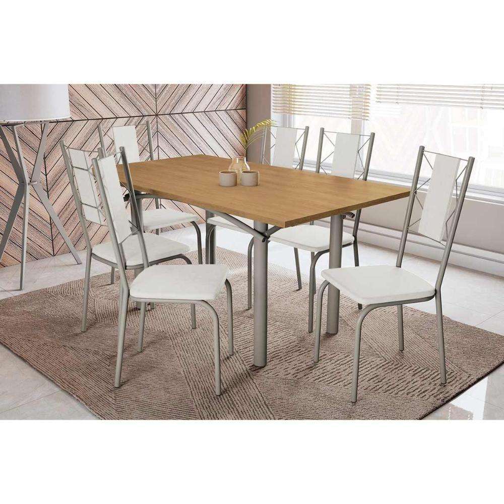 Sala De Jantar Completa Elba C/ Tampo De Madeira 160cm E 6 Cadeiras Lisboa Niquel/nogueira - Courano Branco - Kappesberg - 1