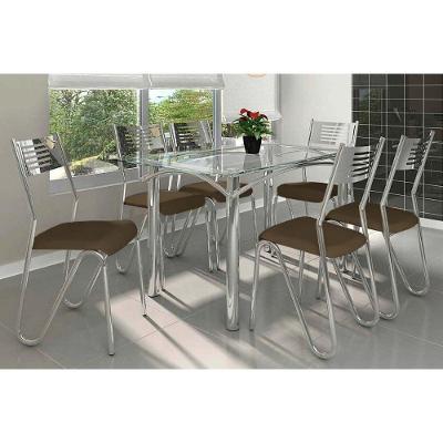 Sala De Jantar Completa Elba Com Tampo De Vidro 140cm E 6 Cadeiras Nápoles Cromada - Courano Marrom - Kappesberg