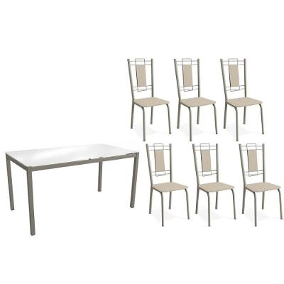 Sala De Jantar Completa Reno Com Tampo De Vidro 150cm E 4 Cadeiras Florença Niquel - Courano Bege - Kappesberg