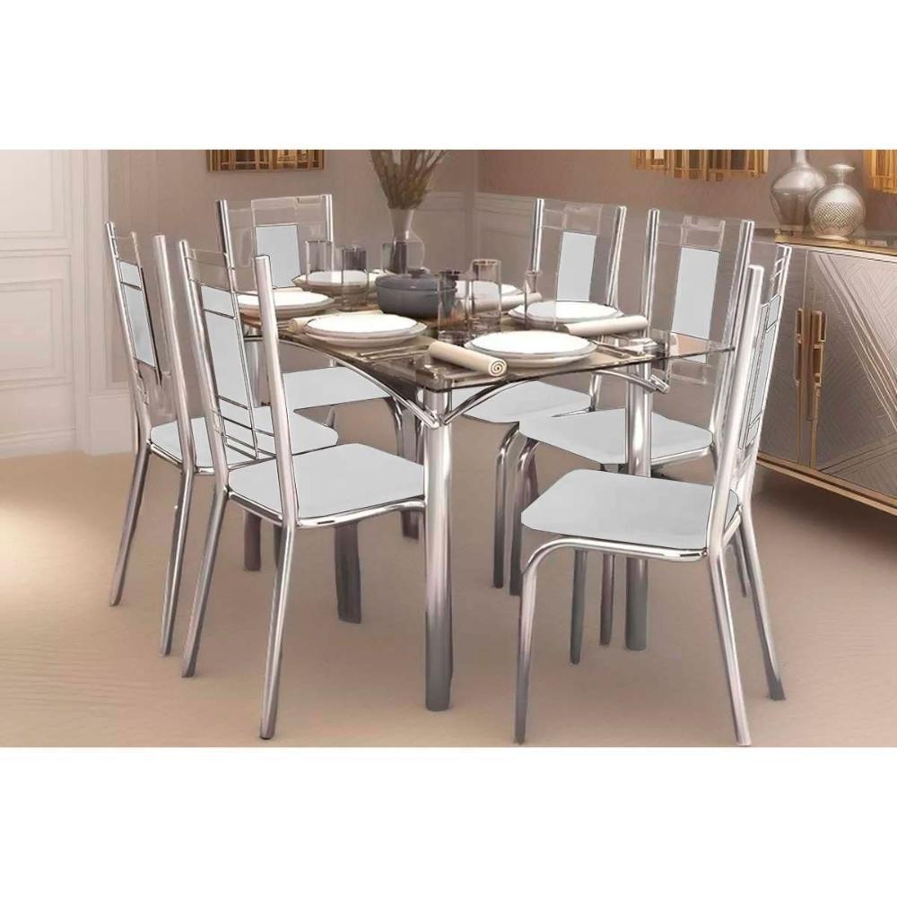 Sala De Jantar Completa Elba Com Tampo De Vidro 80x150cm E 6 Cadeiras Florença Cromada - Courano Branco - Kappesberg - 1