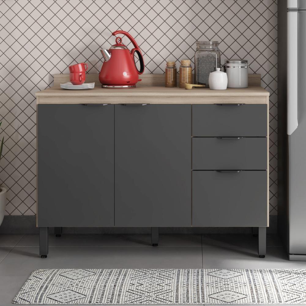 Balcão Cozinha Firenze Com Tampo 120cm E 3 Portas 2 Gavetas Avena/grafito - 1