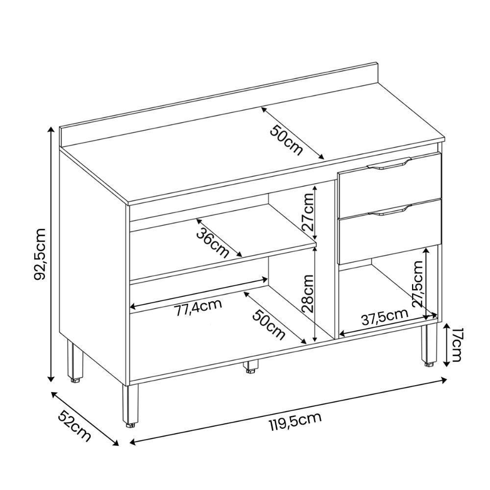 Balcão Cozinha Firenze Com Tampo 120cm E 3 Portas 2 Gavetas Avena/grafito - 4