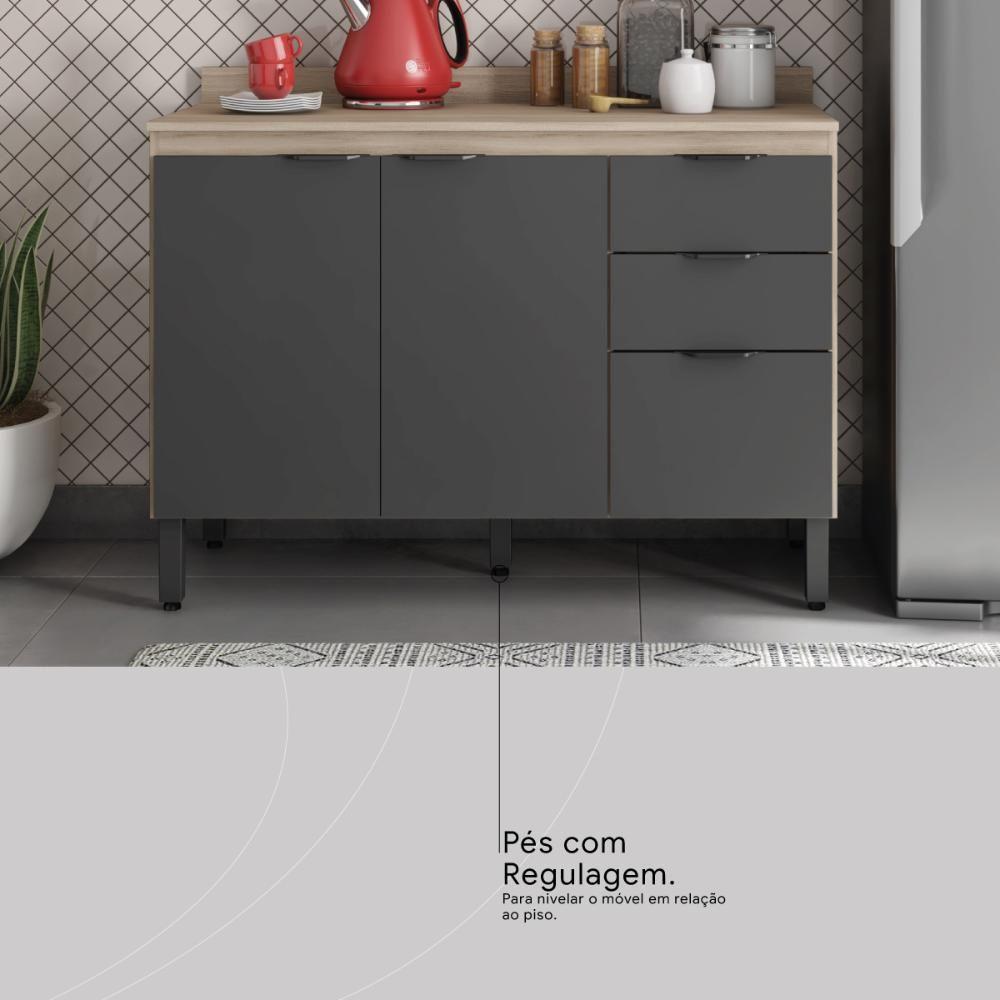Balcão Cozinha Firenze Com Tampo 120cm E 3 Portas 2 Gavetas Avena/grafito - 7