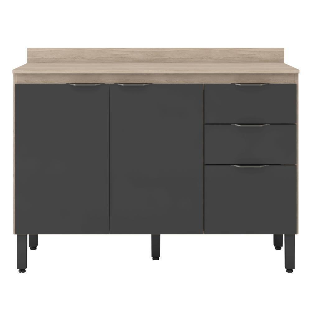 Balcão Cozinha Firenze Com Tampo 120cm E 3 Portas 2 Gavetas Avena/grafito - 8