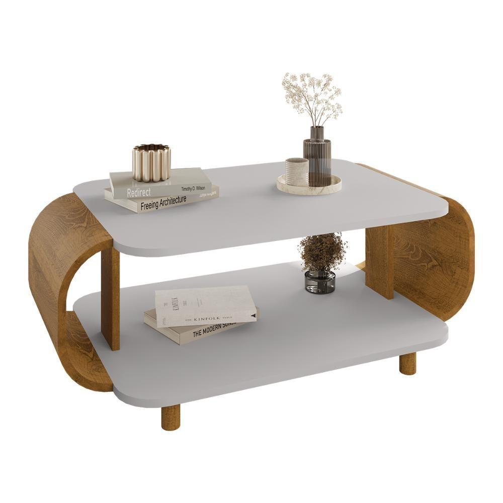 Mesa De Centro Sala Floripa Com Pés De Madeira Maciça Off White/naturale - 1