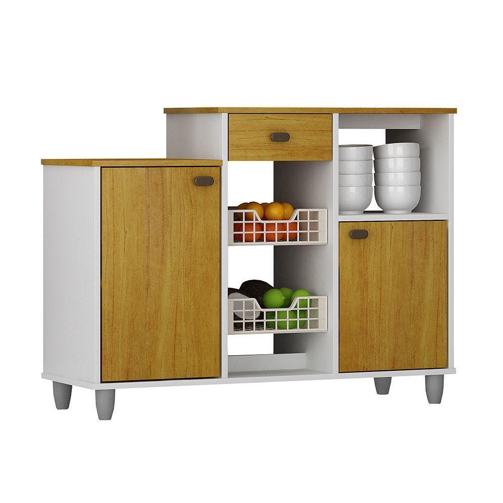 Fruteira Chão Nora Multiuso Flex 3 Portas Gaveta Mobilihouse Cinamomo Com Branco Acetinado - 2