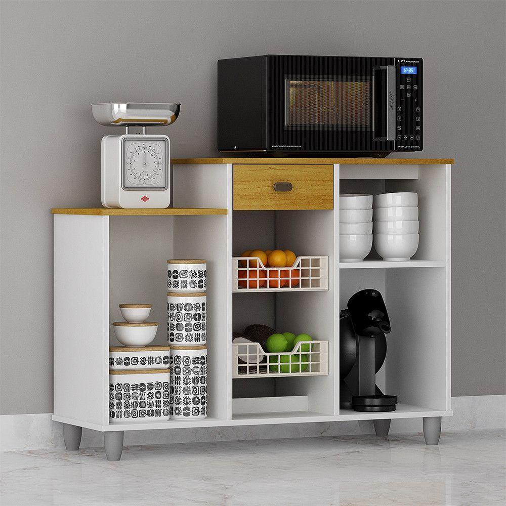 Fruteira Chão Nora Multiuso Flex 3 Portas Gaveta Mobilihouse Cinamomo Com Branco Acetinado - 3