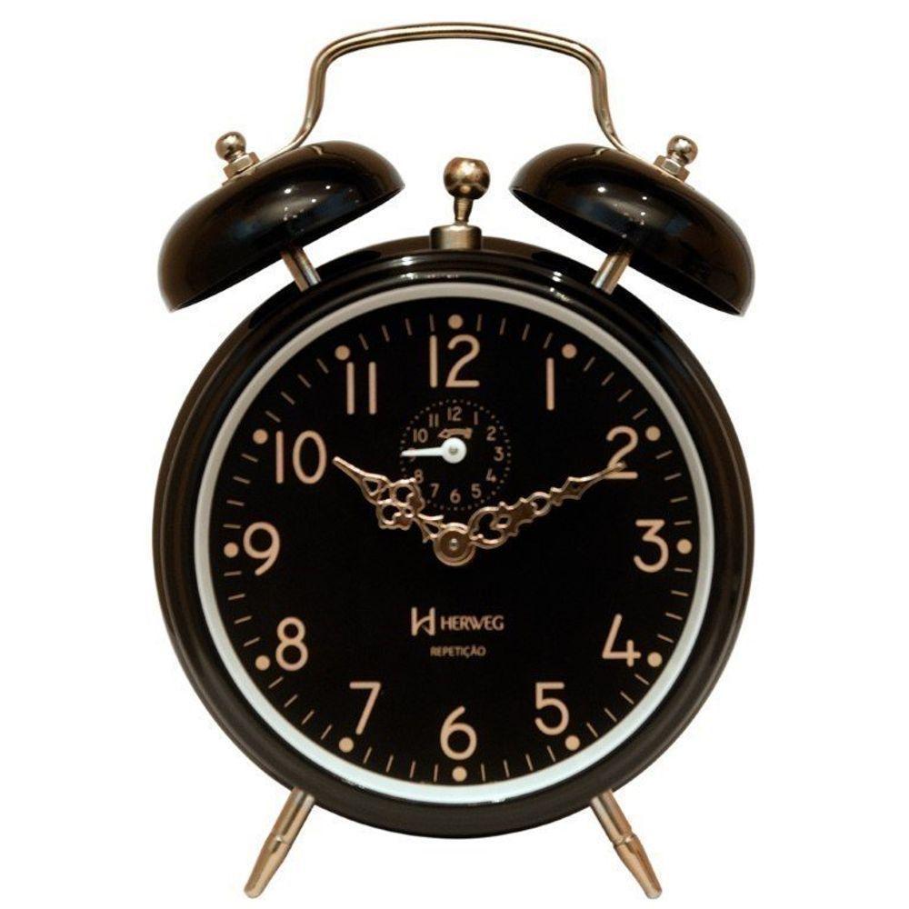 Relógio Despertador Preto Dourado Retrô Cordas Herweg - 1