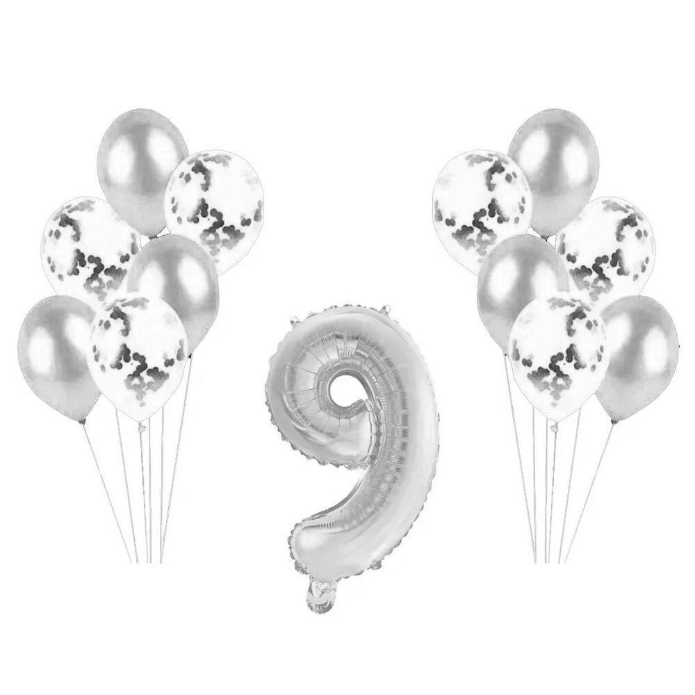 Kit Arranjo De Balões Número 9 Prata - 13 Itens - 1