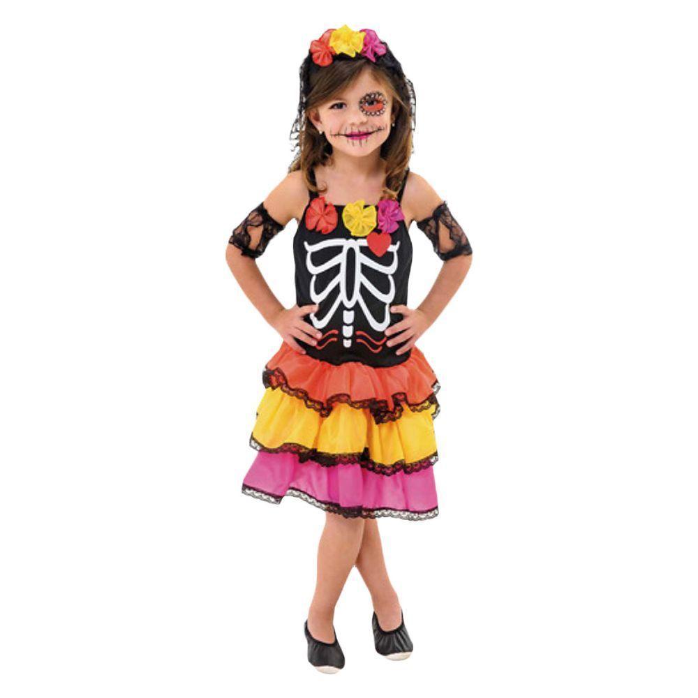 Fantasia Halloween Infantil Caveira Mexicana Com Véu Tamanho M - 1