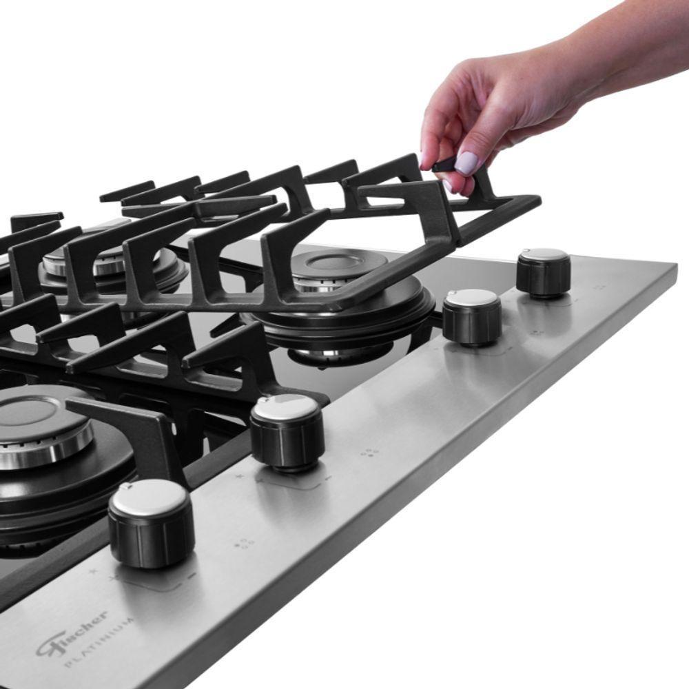 Cooktop A Gás 4 Bocas Platinium Com Trempe De Ferro Fundido Mesa Vidro Fischer Bivolt - 4