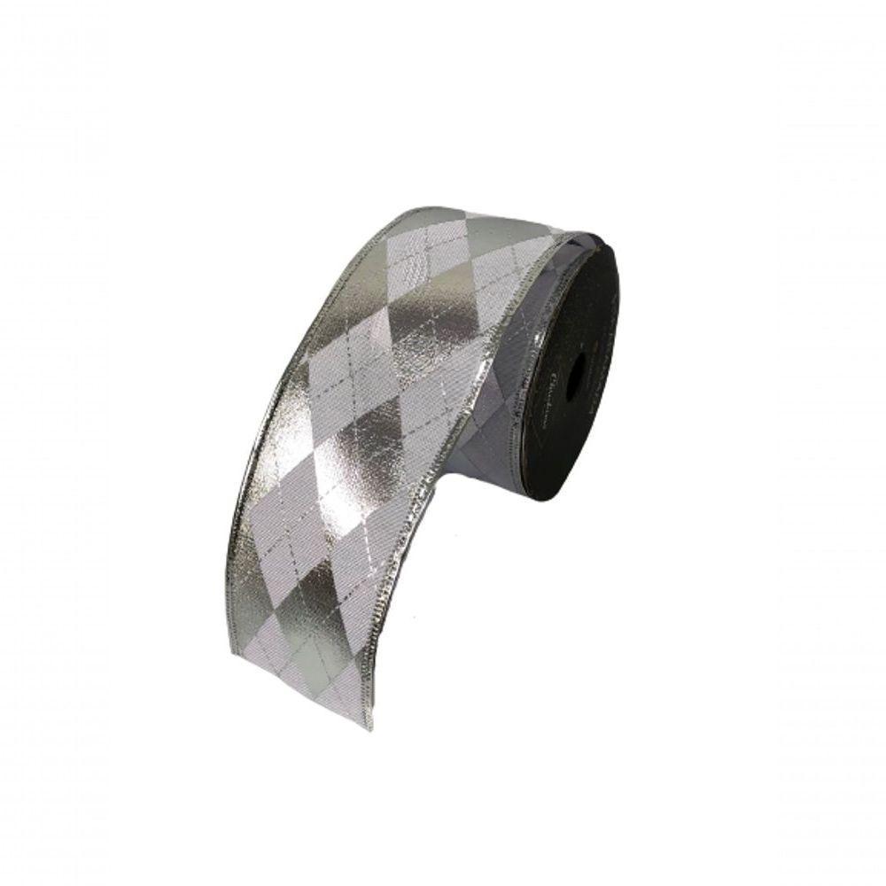 Fita Aramada Branco Com Prata Losango 9,14m Yj9906 Premium - Master Christmas - 1