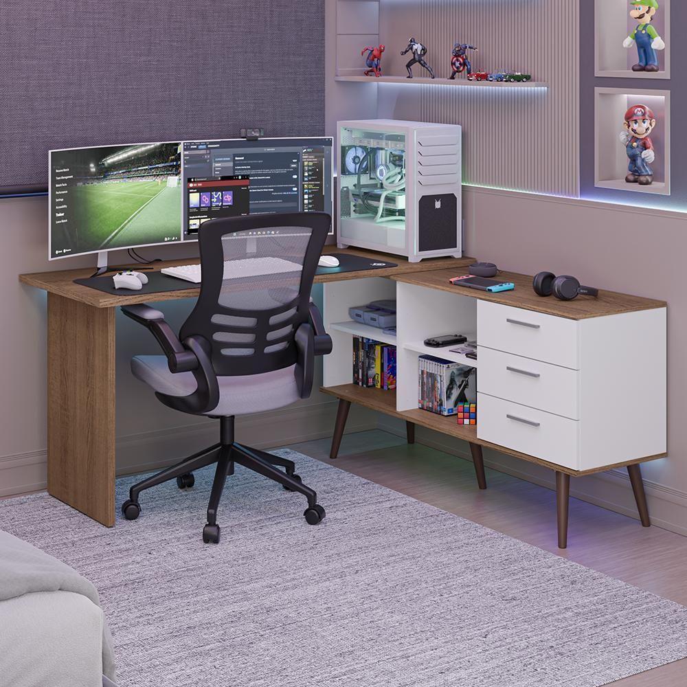 Mesa Para Computador Gamer Em L 3 Gavetas Branco/rustic Lisboa Madesa - 1