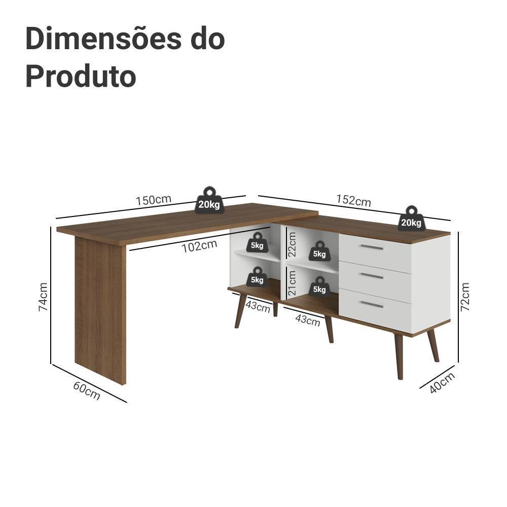 Mesa Para Computador Gamer Em L 3 Gavetas Branco/rustic Lisboa Madesa - 3