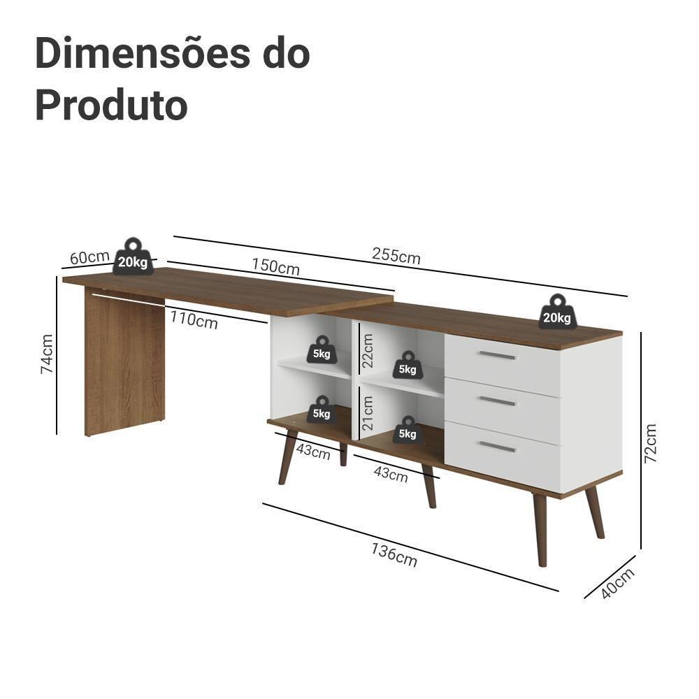 Mesa Para Computador Gamer Em L 3 Gavetas Branco/rustic Lisboa Madesa - 4