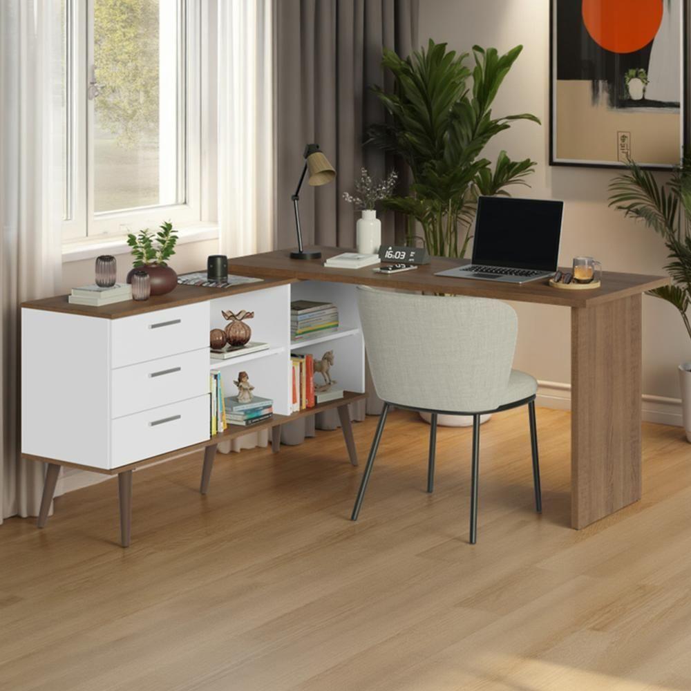 Mesa De Estudos Em L 3 Gavetas Branco/rustic Lisboa Madesa - 1